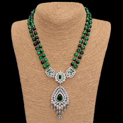 Y·YING 2 Strands Green Tiger Eye Cz Pave Pendant Necklace Gemstone Necklaces Jewelry Women