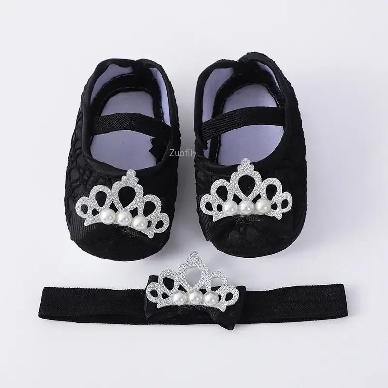 Spring Infant Baby Girl Shoes Newborn Lace Flowers Headband Anti-Slip Soft Sole First Walkers Toddler Kids Cotton Baptism Shoes