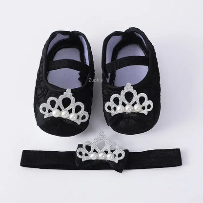 Spring Infant Baby Girl Shoes Newborn Lace Flowers Headband Anti-Slip Soft Sole First Walkers Toddler Kids Cotton Baptism Shoes