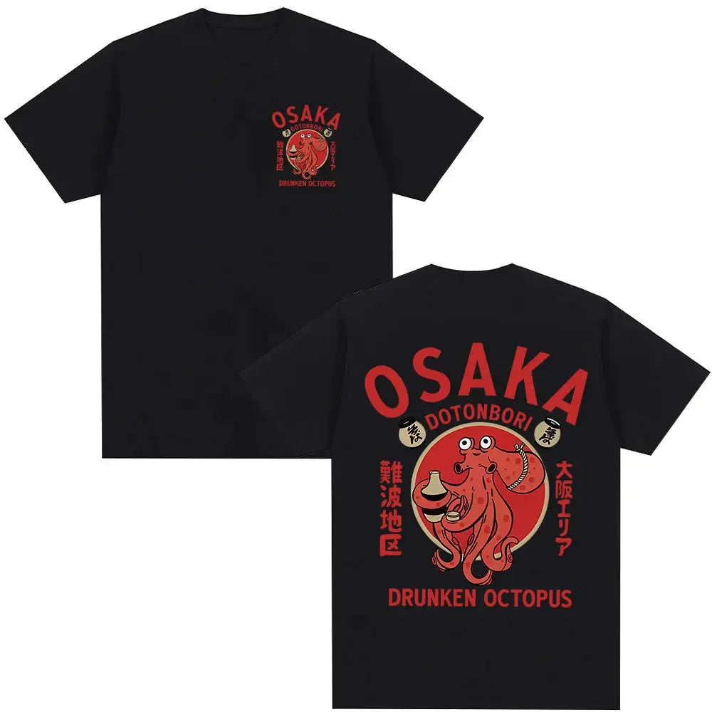 Japanese Osaka Dotonbori Drunken Octopus Food Lover Funny T Shirts Men Women Retro Harajuku Oversized Cotton T-Shirt Streetwear
