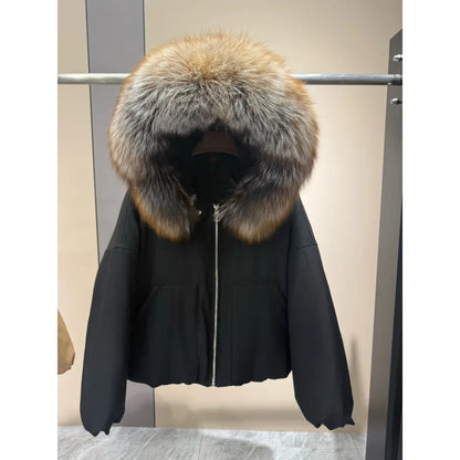 OFTBUY Real Fox Fur Collar Goose Down Jacket Women Cropped Hooded Coat Winter Warm Zipper Natural Fox Fur Thick Outerwear