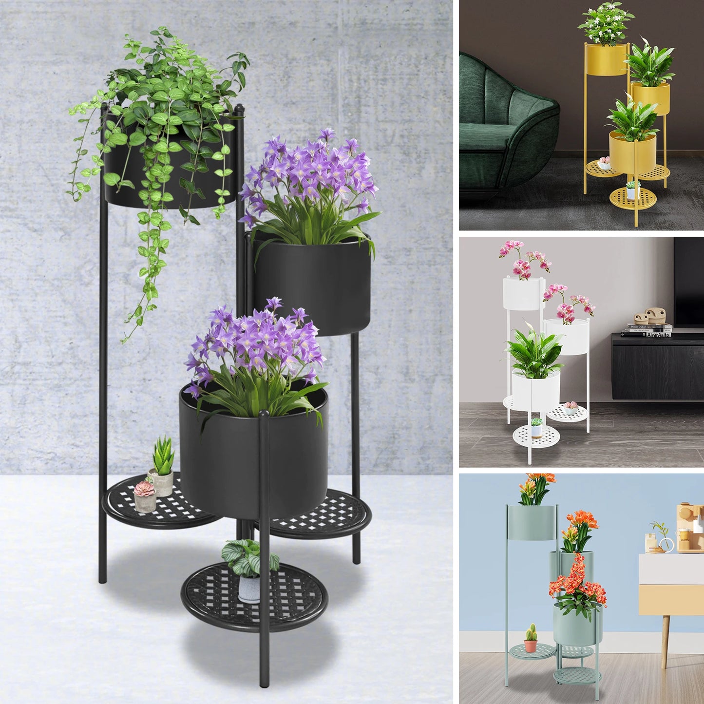 3 Tier Corner Plant Stand Foldable, 16x31in Iron Flower Pot Holder w/ Shelves for Indoor Outdoor Balcony, White/Green/Gold/Black