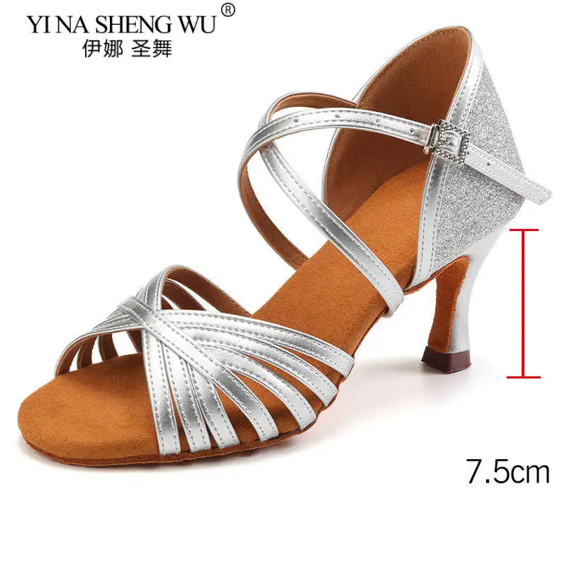 New Arrival Women Dance Shoes Latin Dance Ballroom Modern Dancing Soft Sole Practice Shoes Silver Gold Heel Shoes Dance Shoes