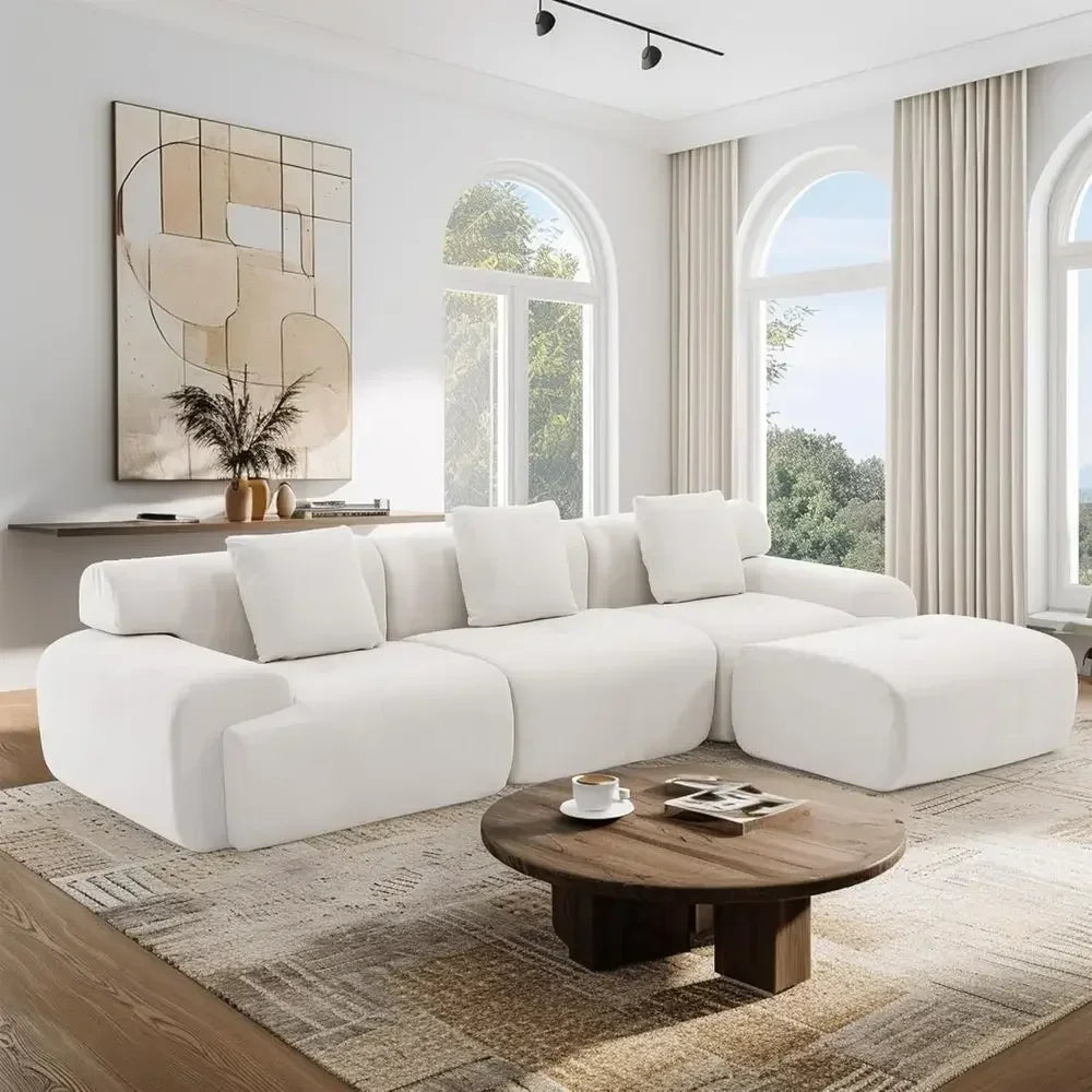 Heavy-Duty 122 Sectional Sofa with Ottoman, Premium Corduroy, 1200lbs Capacity, High-Density Foam (Beige, 3 Seater & 1 Ottoman)