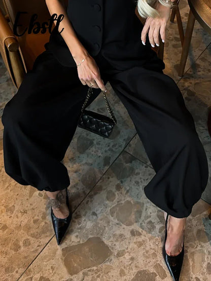 Elegant Short Sleeve Top Pants Set Women's Solid Single-breasted O Neck Waist-cinching Tops Loose Lantern Trousers 2026 Outfits
