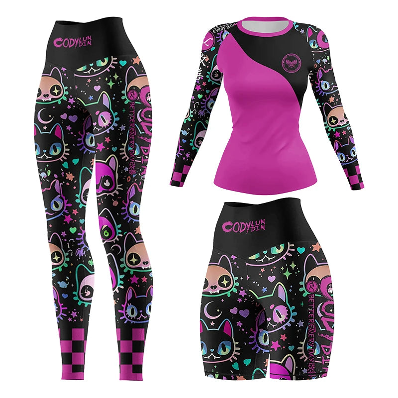 Cody Women Rash Guard Gym Clothing MMA Tight Sportswear Jiu Jitsu Rashguard T-shirts+Pant Boxing Grappling Shorts 4pcs/Set
