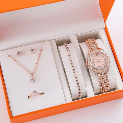 6Pcs/Set Women's Rhinestone Quartz Watch Set Fashion Wrist Watch & Jewelry Set Gift.▪