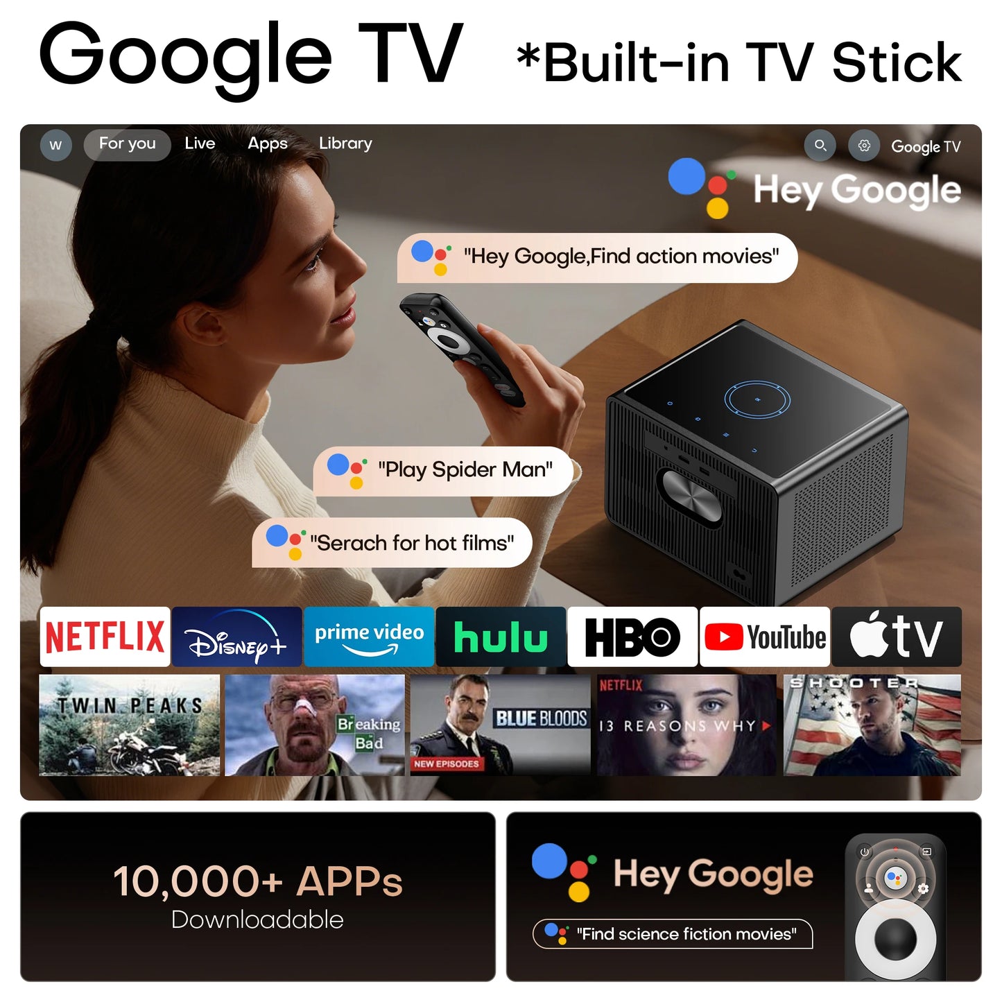 HORLAT 50000Lumens Google TV Projector Fully Sealed Optical Beamer 4K Smart Home Theater Movie Projector WiFi 6 Voice Assistant