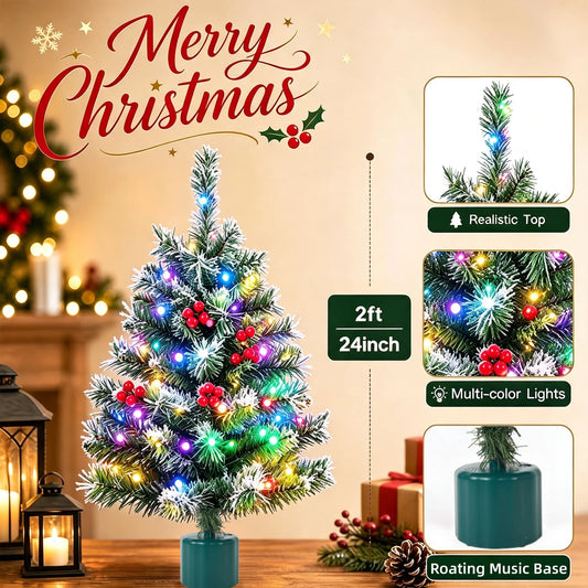 Bhony 360° Rotating Musical Christmas Tree With 35 Colorful LED Lights - 2FT Desktop Christmas Tree, USB/Battery Powered, With A Rotatable Base, Suitable For Home, Store, Classroom, Office, Party Decoration