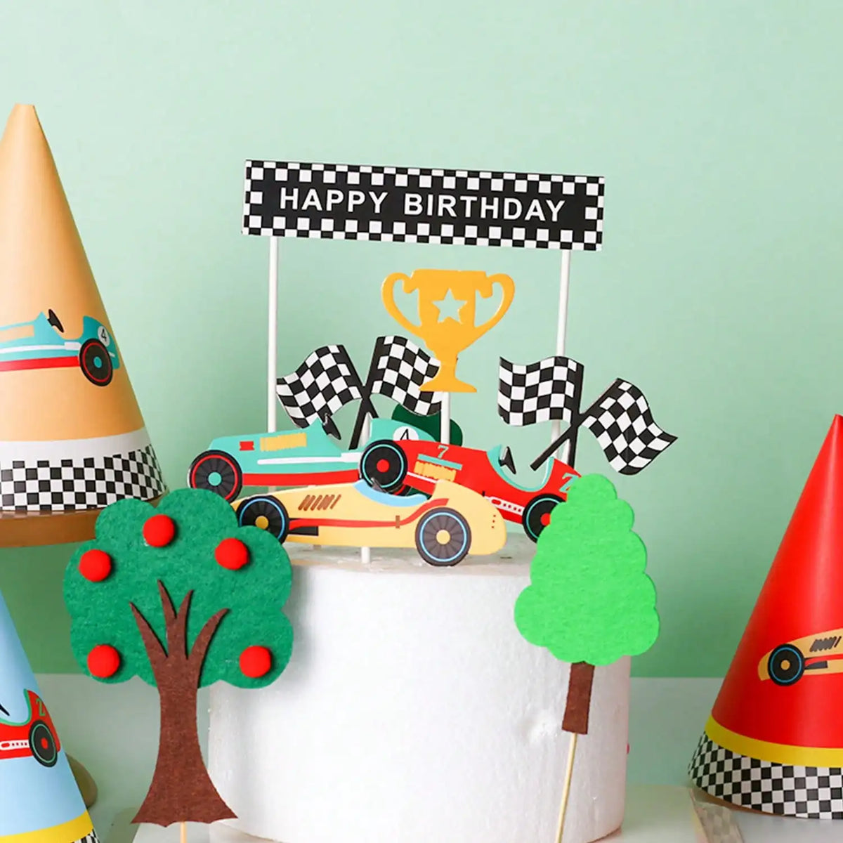 1set Racing Car Cake Topper Checkered Flag Trophy Happy Birthday Cake Decor For Boys Race Car Theme Birthday Party Supplies