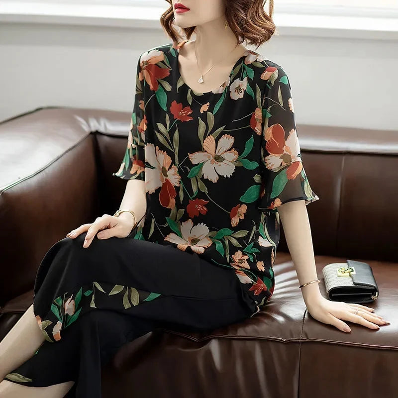 Summer Ladies Fashion Printing Wide Leg Pants 2PCS 2025 Women Short Sleeve Pantalons Outfit Korean Femme Chiffon Two-piece Set
