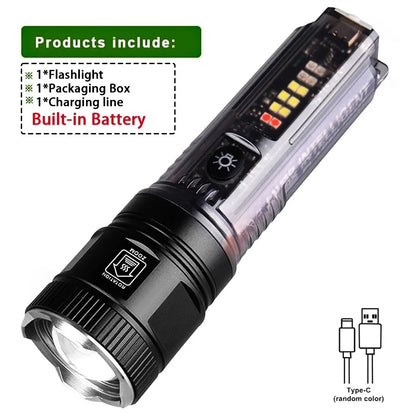 High Power LED Flashlight With Side Light Solar Powered Hand Lantern USB Rechargeable Strong Torch For Outdoor Camping Fishing