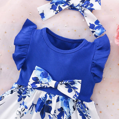 Baby Girl Dress Summer Cotton Bow Print Small Fly Sleeves Girls Dresses Sweet And Cute Beach Baby Girl Clothing