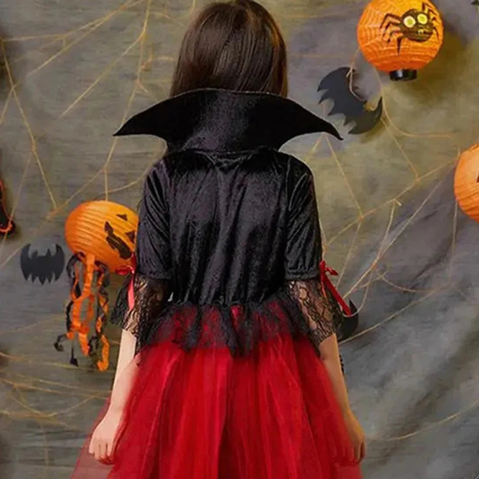 Kids Girls Vampire Devil Cosplay Dress Complete Set with Accessories Halloween Theme Party Costume Holiday Gift for Girls