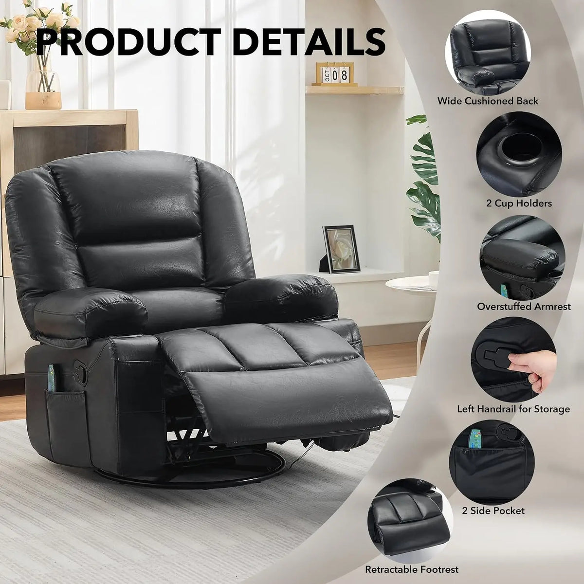 Oversized Recliner Chair, Massage Chair, 360 Swivel, Heat, USB,350 LB Capacity, 8-Point Vibration, Lumbar Heat, 145° Recline, 2 Cup Holders, USB Port, Side Pocket And Retractable Footrest