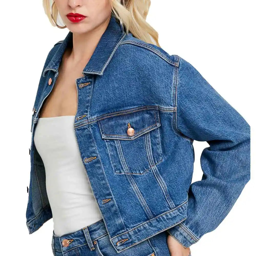 Women Casual Denim Jacket Light Wash Button Detail Spring Autumn Versatile Streetwear Outerwear