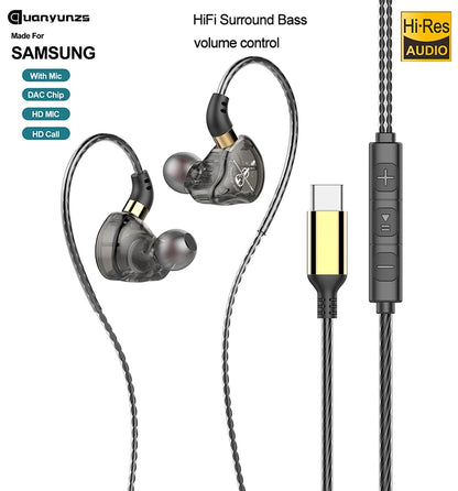 Type-C Wired Headphones HiFi Bass Stereo USB C Earphone 3.5MM in-Ear Earbuds with Mic Sports Subwoofer Music Headset for Samsung