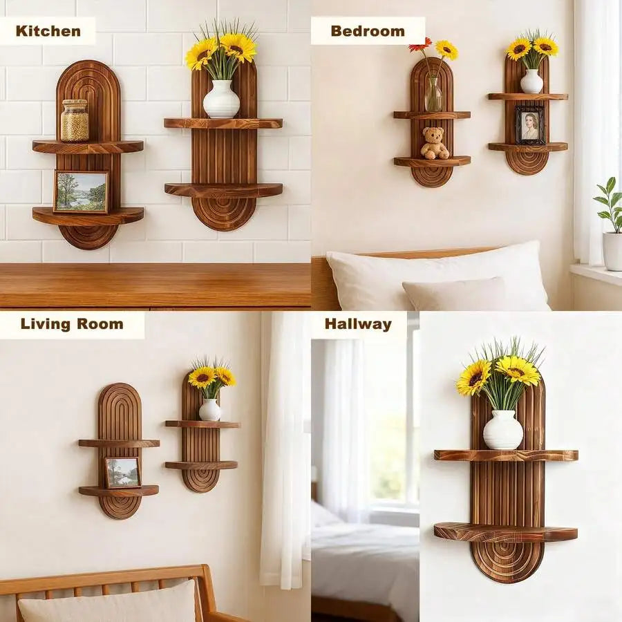1pcs Shelf Wall Decor Boho Wood Floating Shelves 2 Tier Plant Holder Trinket Storage Rack Rainbow Hanging Decor For Home Bedro