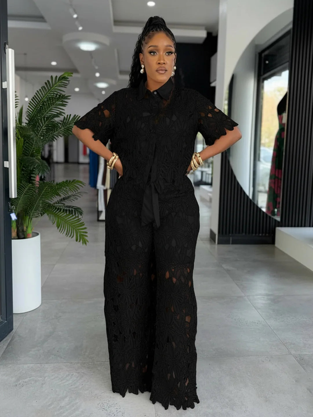 Streetwear Hollow Out Lace Casual Pants Outfits Sexy Women Two Pieces Club Matching Set Top+Trousers