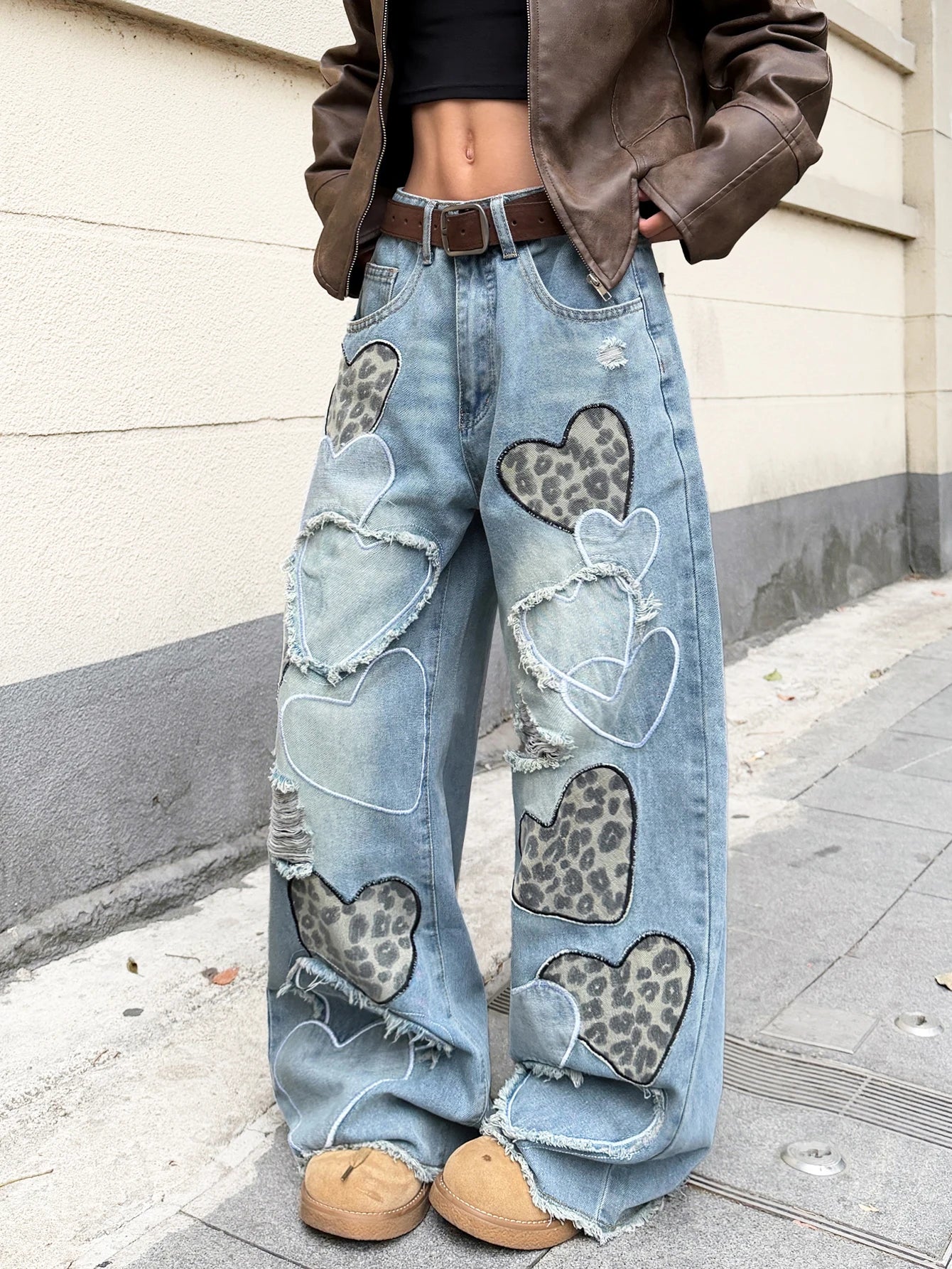 American Retro Heart-Shaped Leopard Print Patchwork Women's Loose High-Waisted Blue Wide-Leg Jeans, Street Fashion Niche Design Versatile Trousers