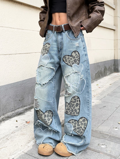 American Retro Heart-Shaped Leopard Print Patchwork Women's Loose High-Waisted Blue Wide-Leg Jeans, Street Fashion Niche Design Versatile Trousers