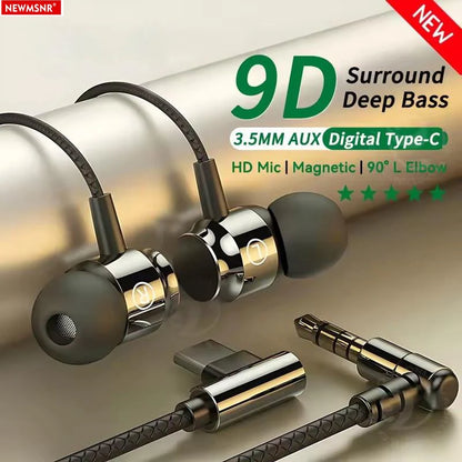 Metal Design Type C&3.5mm Wired Gamer Earphones 9D Stereo Sound Headsets Magnetic In-Ear Headphones For Samsung Handfree HD Call