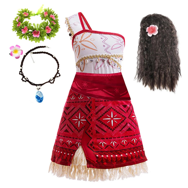 New Movie Moana 2 Dress for Girls Adventure Costume Girl Princess Fancy Clothes Children Vaiana Carnival Party Necklace Pig Set