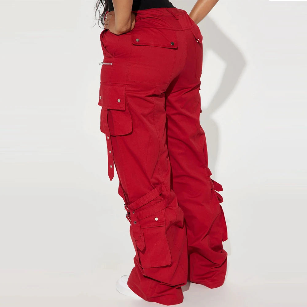Custom Women's High Waist Cargo Pants Solid Red Canvas Loose Fit Full Length With Pockets Button Fly Utility Style OEM Supplier