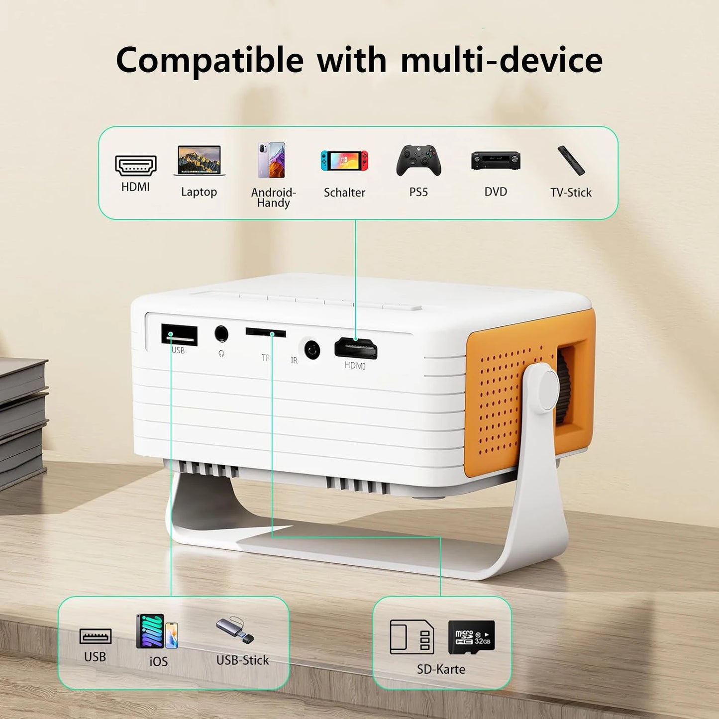 Salange Y30Pro Mini Portable Projector, Supports 1080P, Auto Keystone, USB/TF for Home Theater, Compatible with IOS/Android/Lapt