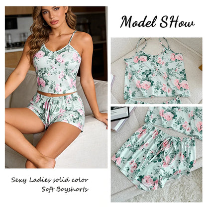 Women Sexy Pajama Ladies Satin Pajama Print Round Neck Ice Silk Top T-Shirt and Shorts Sets Breathable Comfortable Home Wear New