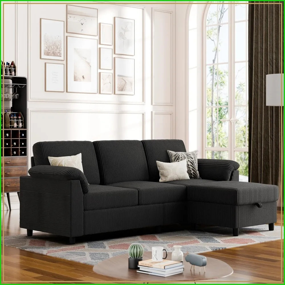 Convertible Sectional Couch 3 Seat L-Shaped Sofa with Pillows Corduroy for Living Room Apartment Office Black