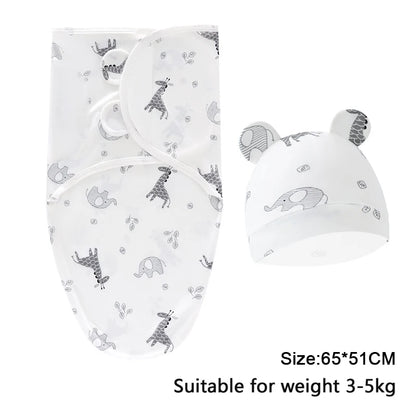Baby Blanket Hat Set Cartoon Printed Cotton Newborn Swaddle Adjustable
