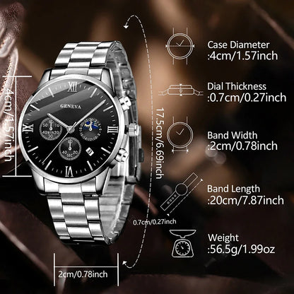 Men's 4-Piece Watch Gift Set | Quartz Watch, Cross Pendant, Ring & Bracelet | Gift for Him