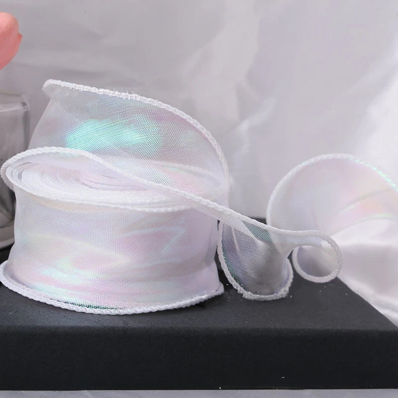 40mm 10Yards Fishtail Organza Ribbon Reflective Iridescent Wavy Edge Ribbon for Gift Wrapping DIY Bow Bouquet Voile Ribbons