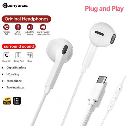 Original Wired Earphones Type C for iPhone 17 Pro Max 16 15 USB C Headphone Wire With Microphone Hifi Stereo Sprot Music Earbuds