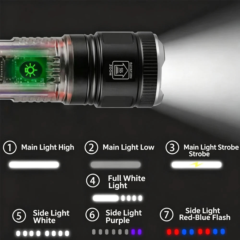 High Power LED Flashlight With Side Light Solar Powered Hand Lantern USB Rechargeable Strong Torch For Outdoor Camping Fishing