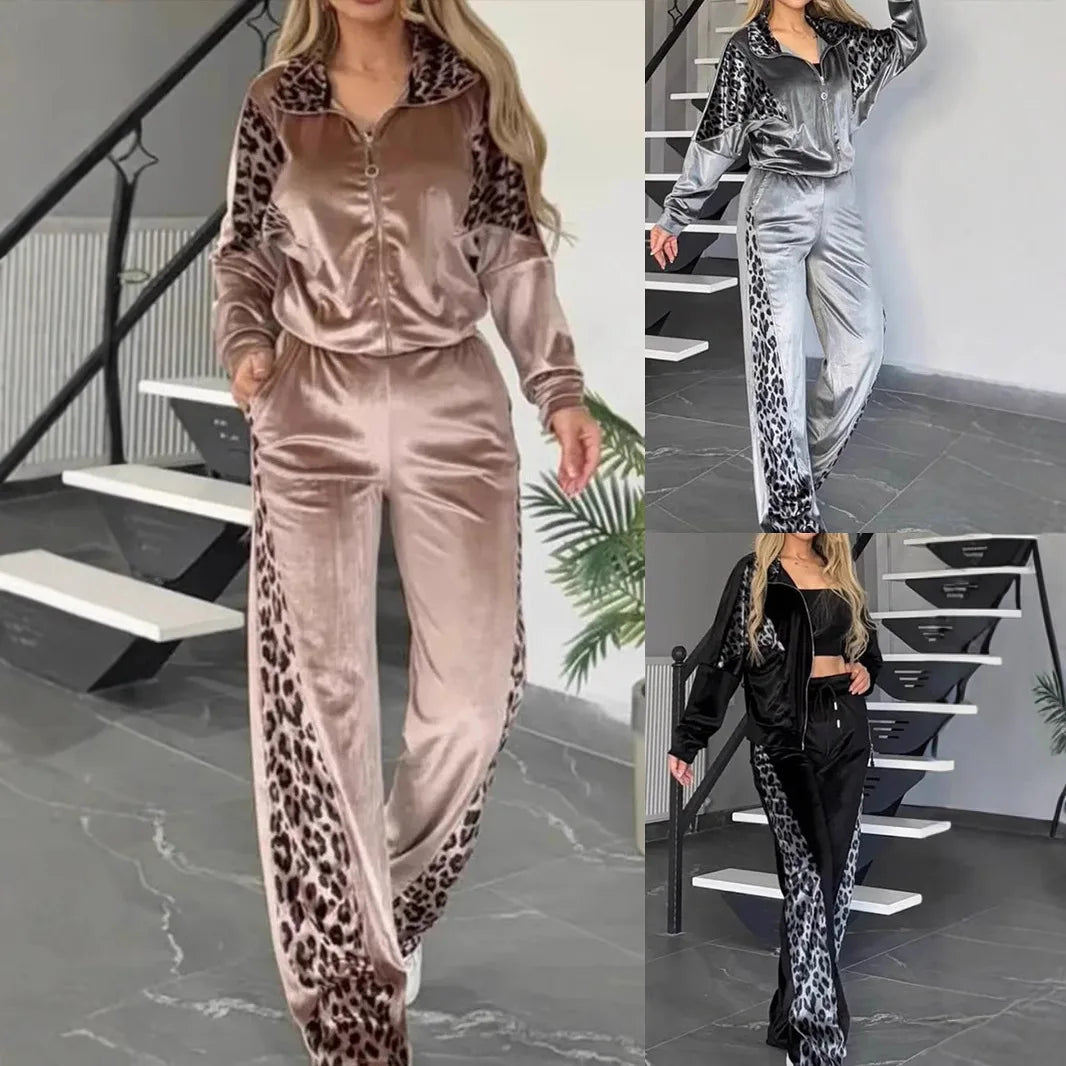 Women's 2-piece Set Retro Leopard Print Zipper Bomber Jacket Sweatshirt + High-waisted Trousers Sets Women's Velvet Pants Suit