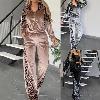Women's 2-piece Set Retro Leopard Print Zipper Bomber Jacket Sweatshirt + High-waisted Trousers Sets Women's Velvet Pants Suit