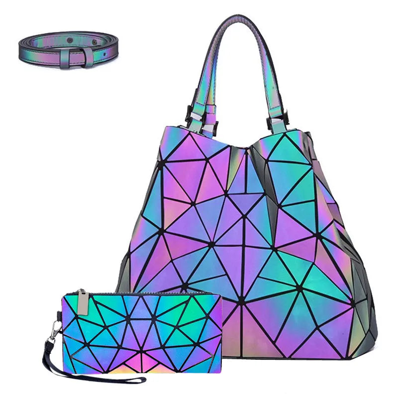 1pcs 2pcs 3pcs Women's Fashion Messenger Bags Laser Luminous Rhombus Folding Shoulder Bag Cool Tote + Rectangle Zipper Wallet
