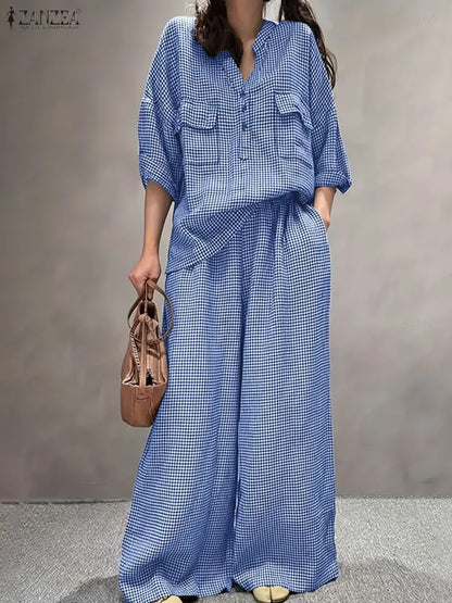 Women Pants Sets ZANZEA Fashion Summer 2 Piece Sets Plaid Outfits Casual Half Sleeve Blouse Wide Leg Trousers Street Tracksuit