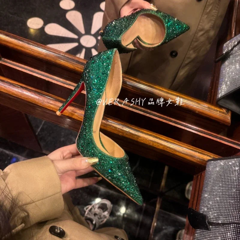 Red Sole Shoes High Heels Wedding Women Shoes Diamond Pumps  Heel 10cm Crystal Shoes Rhinestone Pointed Toe Glitter Party Heels