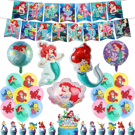 Mermaid Balloons The Little Princess Happy Birthday Banner Party Decoration Disposable Tableware Cake Topper Background Stickers