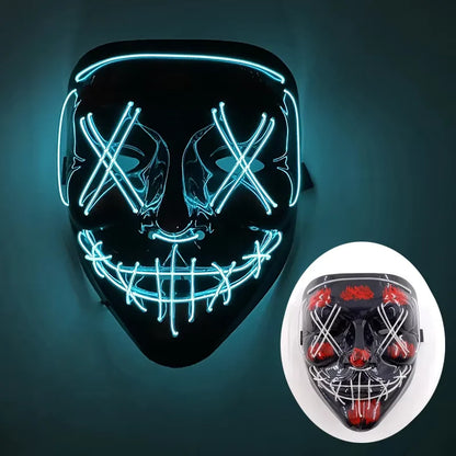 Wireless LED Neon Purge Mask & Fiber Optic Gloves, Scary Glow In Dark Mask for Halloween Carnival Cosplay Bar Birthday Party