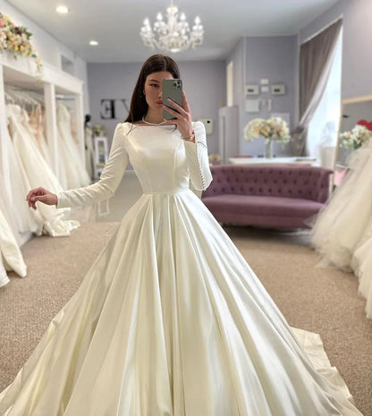 SoDigne Conservative Wedding dress Satin Wedding Dresses Full Sleeve Muslim Bridal Gown Modest Long Wedding Gown Customized