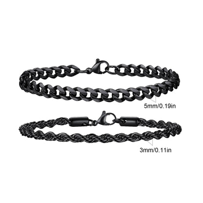 2pcs Men's Chain Bracelets, Stainless Steel Silver Gold Black Color
