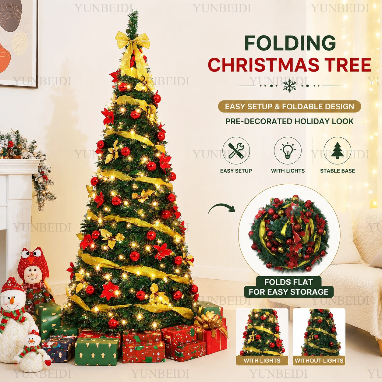 Folding Christmas Tree with LED Lights and Christmas Flowers Telescopic Artificial Christmas Tree 150CM/180CM Home Decoration