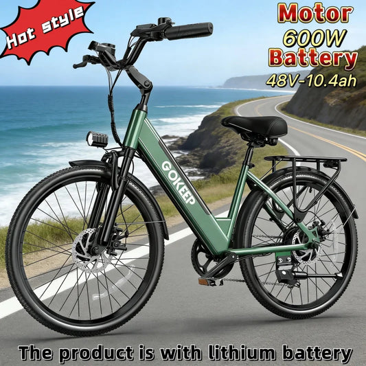 26-inch fashionable E-Bike, 7-speed variable speed adult electric bicycle, 600W brushless motor 48V-10.4ah battery electric mope