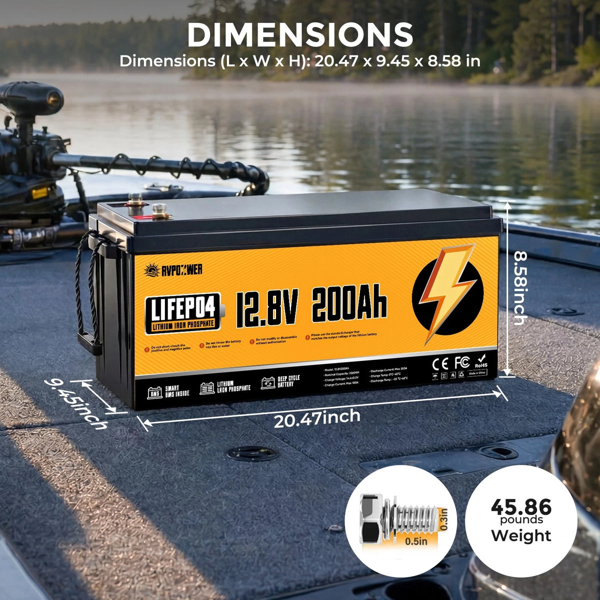 RVPOZWER LiFePO4 Lithium Battery, Deep Cycle Rechargeable, Long Service Life Portable Power Battery for RV, Boat, Travel Trailer, Camper Van, Off-Grid Solar System, 12V/200Ah/2560Wh