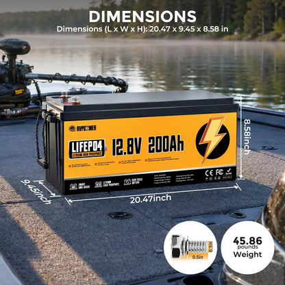 RVPOZWER LiFePO4 Lithium Battery, Deep Cycle Rechargeable, Long Service Life Portable Power Battery for RV, Boat, Travel Trailer, Camper Van, Off-Grid Solar System, 12V/200Ah/2560Wh