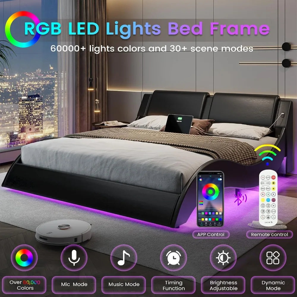 Modern Upholstered Queen Platform Bed Frame,Headboard with LED Lights & Charging Ports,Bedroom Furniture,Faux Leather, Custom